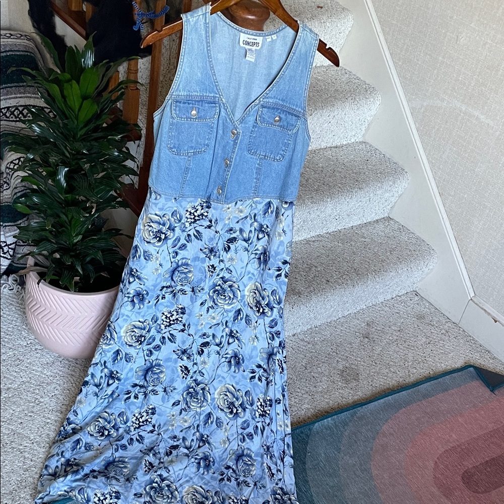 California Concepts Vintage Blue Floral Maxi Denim y2k 90s Maxi Dress - Picture 2 of 11